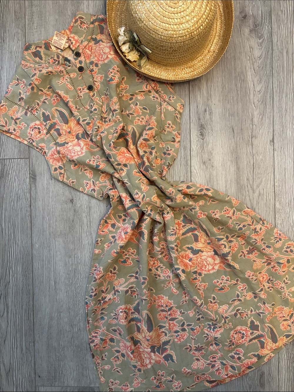 Vintage Cottagecore April Cornell Floral Sleeveless Green and Coral Summer Dress